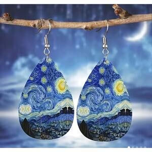 Van Gogh Starry Nights on Teardrop Leatherette Earrings